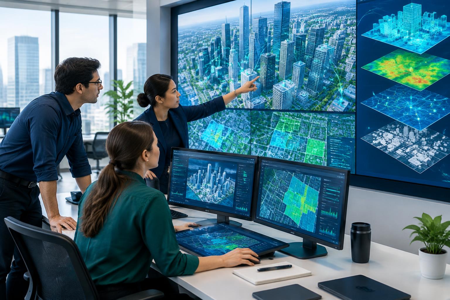 Analistas colaborando com mapas digitais e painéis de inteligência geográfica