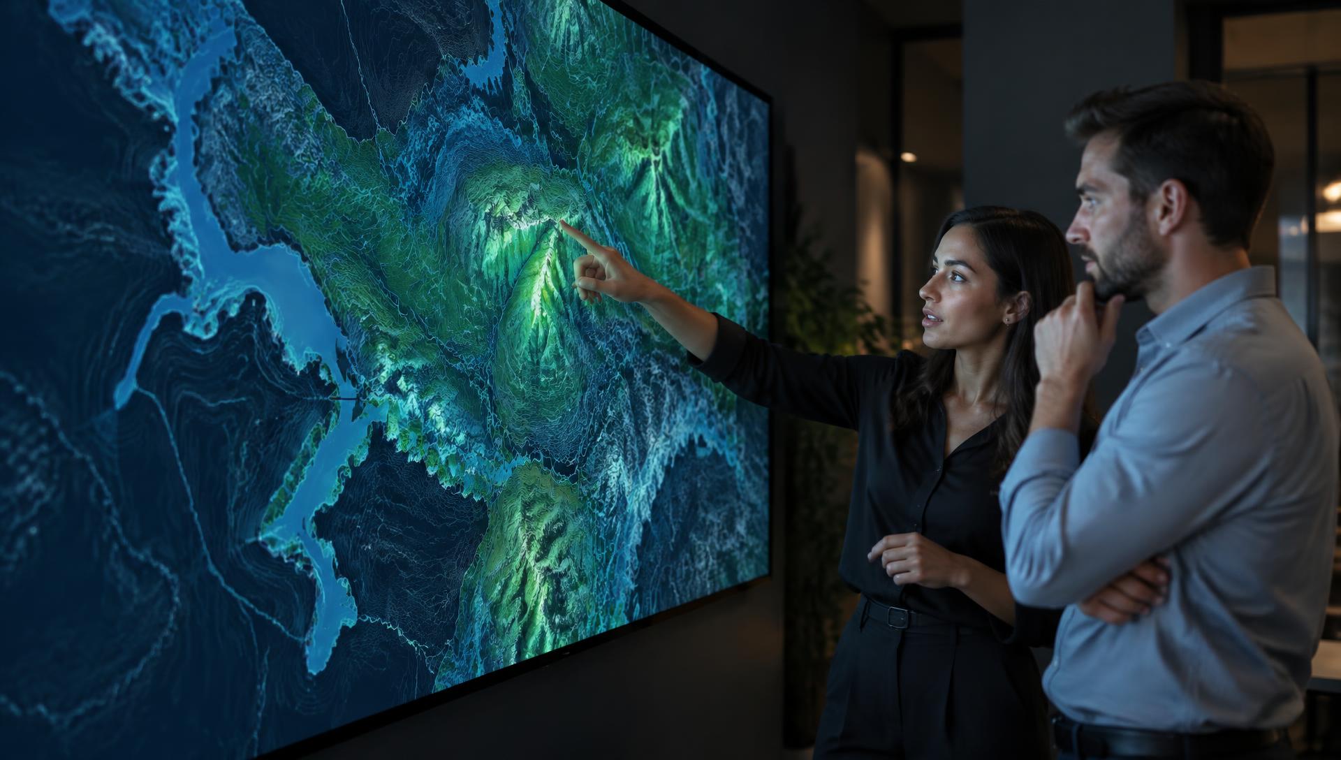 Profissionais analisando mapas topográficos e dados geoespaciais do MapInfo Pro em uma grande tela