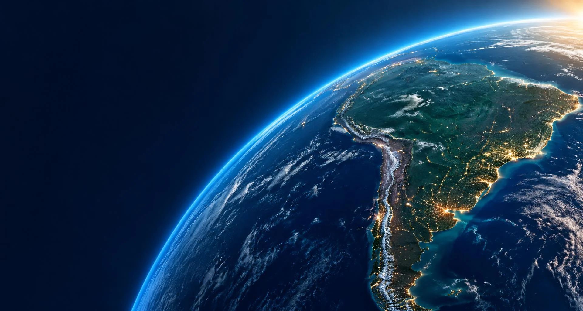 Vista orbital da Terra com dados territoriais e cidades iluminadas